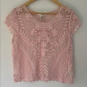 Womens sz large pink lace sheer crochet embroidered top boho, fairy core